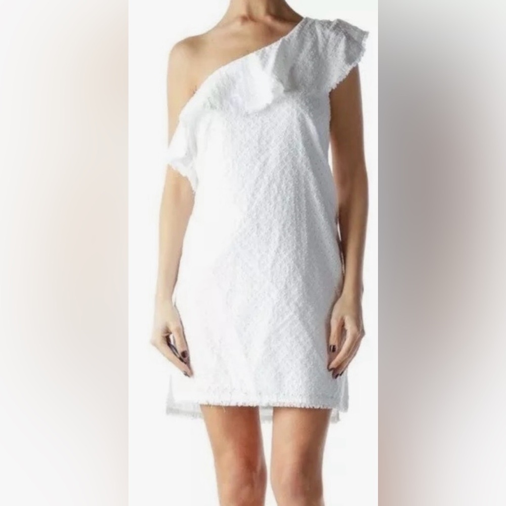Cloth & Stone Mini Dress one shoulder Cotton Eyelet Fringe Accents White Size XS